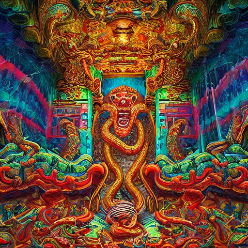 Prompt: person inside a temple made of serpents. Hyperdetailed photorealism, 108 megapixels, amazing depth, glowing rich colors, powerful imagery, psychedelic Overtones