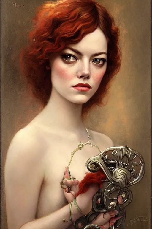 Prompt: Emma Stone by Tom Bagshaw in the style of Gaston Bussière, art nouveau