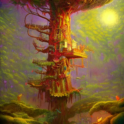 Image similar to detailed concept colorful fantasy painting of a transcendental treehouse, artwork by Paul Lehr and Lexander Jansson, framed focus, cinematic lighting, hyperdetailed, 8k, high resolution, insanely detailed and intricate, octane render