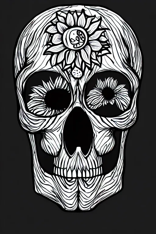 Image similar to sunflower skull head, spooky halloween theme, illustration line art style