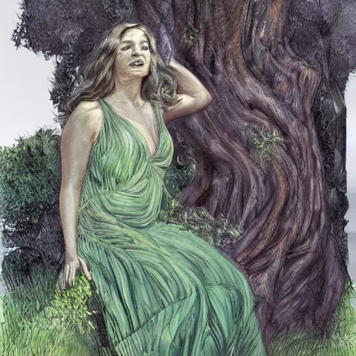 Prompt: beautiful girl in the form of a tree in full growth, digital painting, professional art, elegant by Wrightson, Bernie