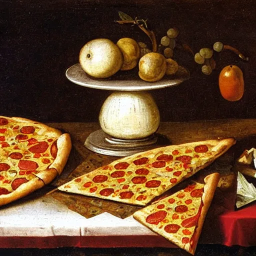 Prompt: Dutch Still Life of the 1600s, old oil painting: Table with tablecloth, pizza carton with pizza slices