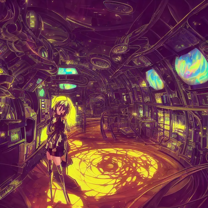 Image similar to Albedo from overlord, mamimi samejima, psychedelic background, epcot, inside a space station, eye of providence, female anime character, Lain, uwu, uwu, Luminism, Tomas Sanchez, Karla Knight, surrealism, Simon Stålenhag, M. C. Escher, Ruan Jia, uwu Hi-Fructose, Artstation, HD, HDR, High Resolution, technological rings, giygas