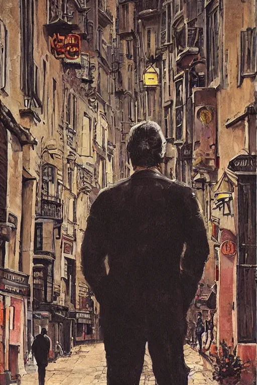 Prompt: in the foreground a Parisian street, in the background a dark-haired man from behind wearing a long matrix style jacket and starting to fly away, realistic, high definition, great detail, dramatic scene, detailed and realistic hands, symmetrical face, realistic eyes, art of dave gibbons