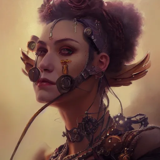 Image similar to a beautiful portrait of a steampunk goddess, a detailed painting by greg rutkowski and raymond swanland, featured on cgsociety, fantasy art, detailed painting, artstation hd, photorealistic