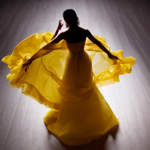 Image similar to a woman in a yellow organza dress dancing, ultra realistic, intricate, elegant, highly detailed, studio photo, smooth, sharp, focus,