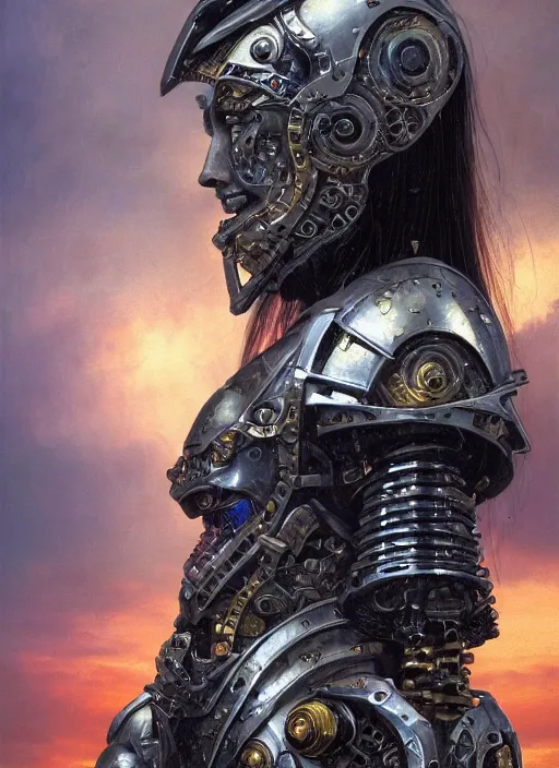 Prompt: biblical diabolical beautiful female valkyree android, slick mechanical metal armor, jump, heavy eyes to the side, closeup, bright glowing veins, in clouds, rain, sunset, portrait, by gerald brom, by mikhail vrubel, by peter elson, muted colors, extreme detail, reflections, trending on artstation, 8 k