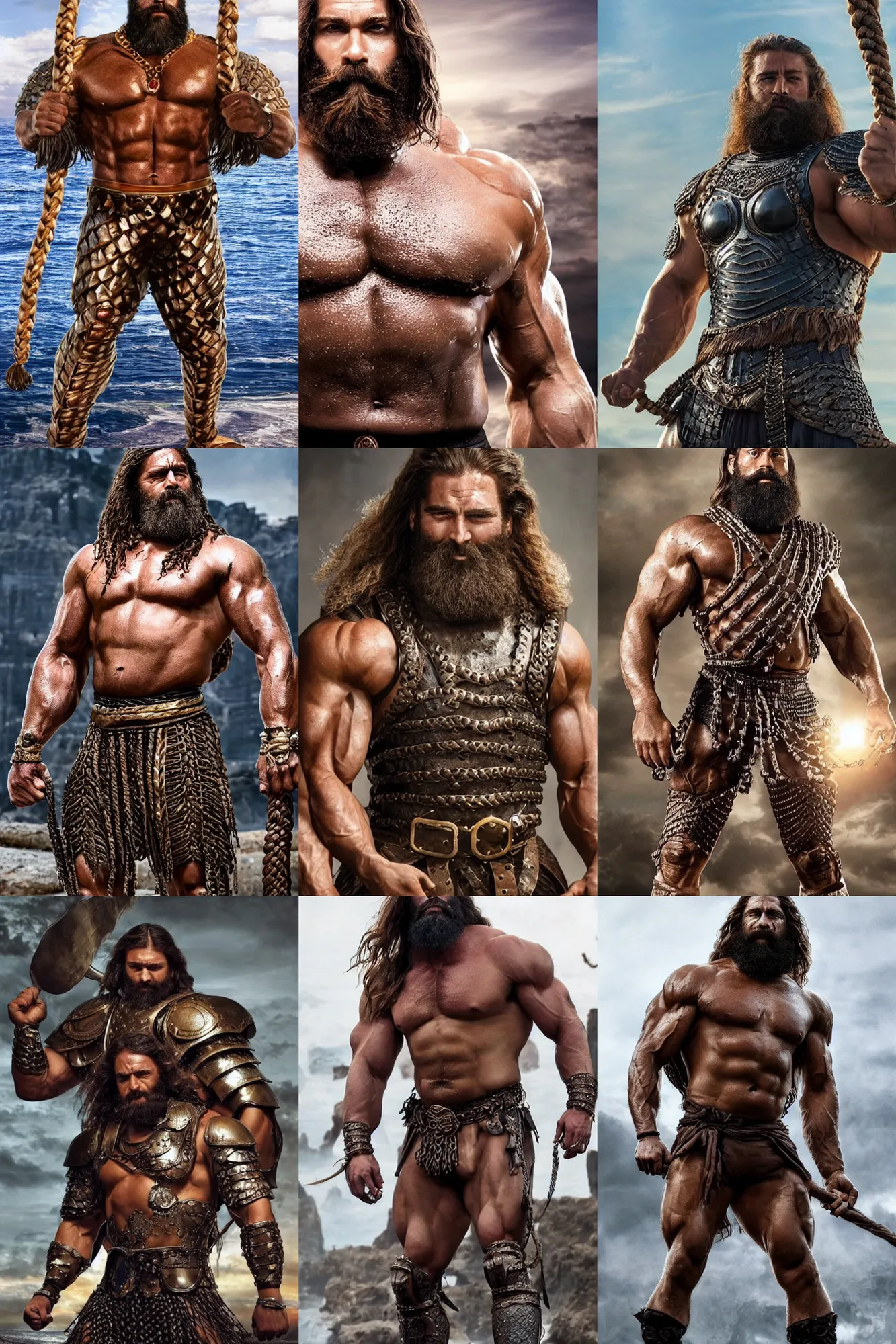 Prompt: The strongest man that ever lived. Huge muscles. Even bigger muscles. Glistening muscles. Fantastic, glorious braided beard. Beautiful face. Long hair. Intricate bronze armour full of gemstones. Full body action movie still.