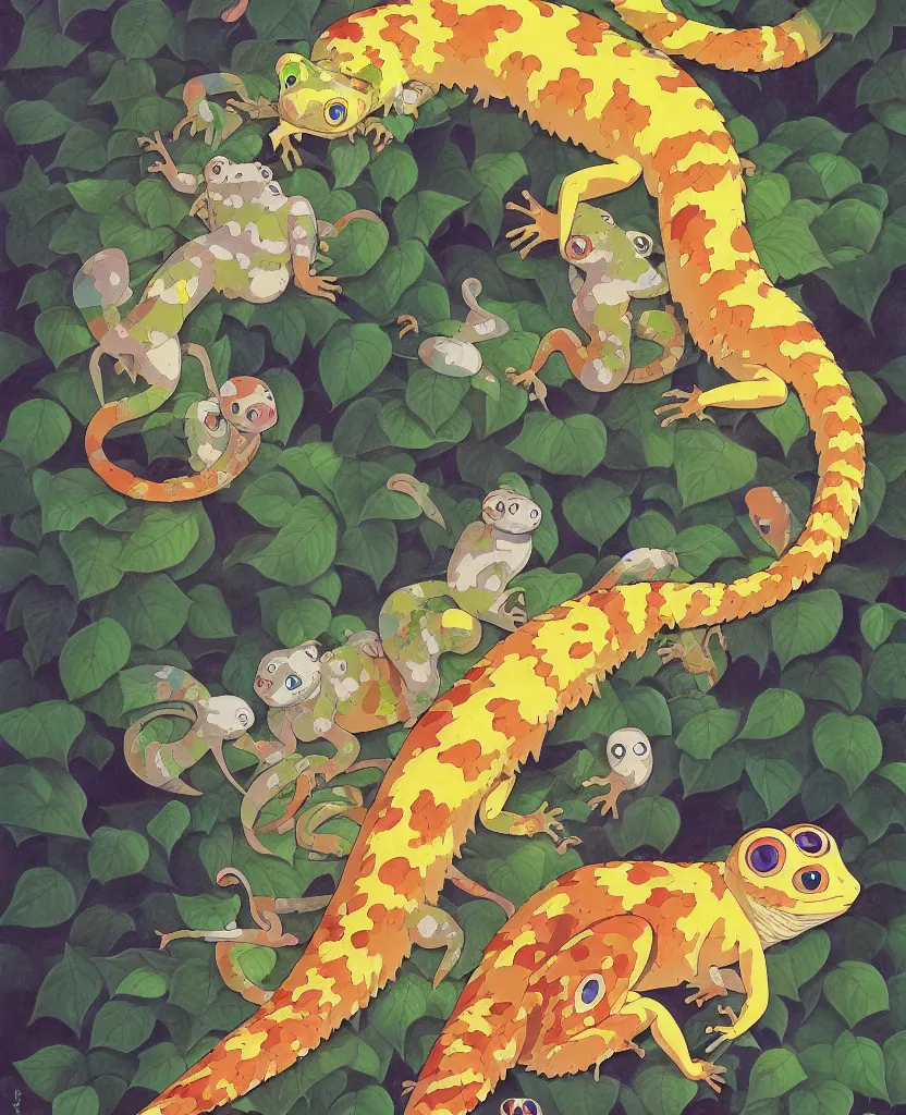 Prompt: beautiful painting from the anime film by studio ghibli, multi colored geckos, drooling, fur, trending on artstation, by MC Escher