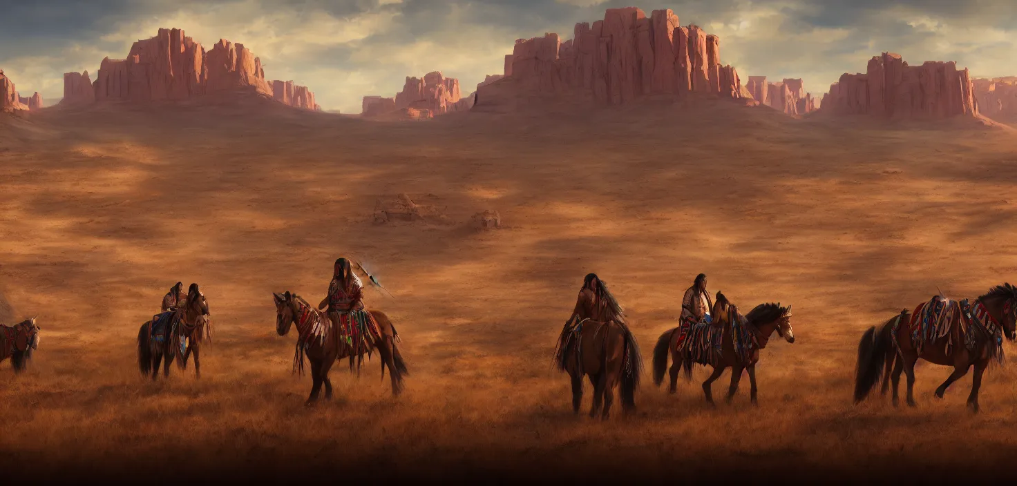 Image similar to navajo indian reservations, cinematic view, trending on artstation