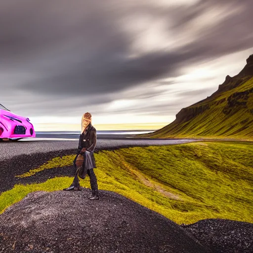 Prompt: a new lexus standing at the edge of a cliff in iceland, surrounded by magenta neon lines, moody sky