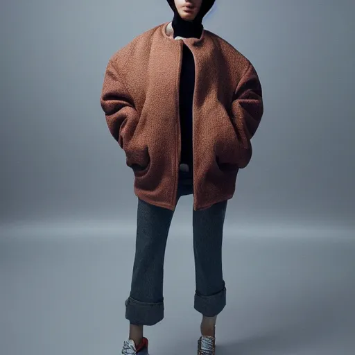 Image similar to realistic photoshooting for a new balenciaga!!! lookbook, color film photography, photo of a woman, model wears a inflated jacket, photo in style of tyler mitchell, 3 5 mm