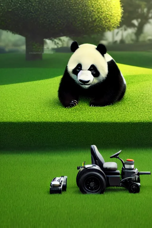 Image similar to a panda sitting on a modern lawn mower mowing his lawn, suburban garden, cgsociety and beeple highly detailed, cinematic lighting, illustration, art, octane render, unreal engine lumen, very coherent. cinematic, hyper realism, high detail, octane render, 8 k