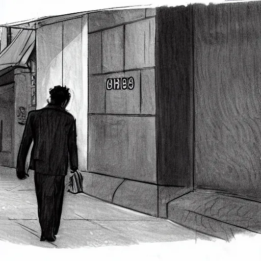 Image similar to a person in a suit with his head out of the shot walking by a homeless man begging for food, new york, pencil illustration, detailed, black and white