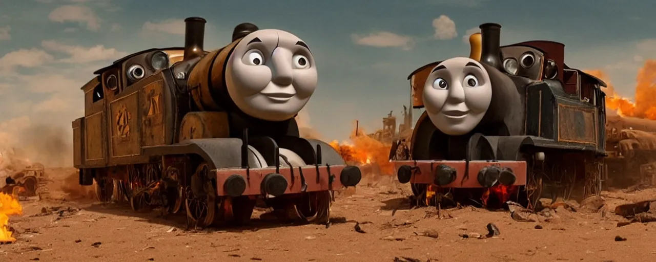 Image similar to Thomas the Tank Engine in the fiery Wasteland of MAD MAX: FURY ROAD