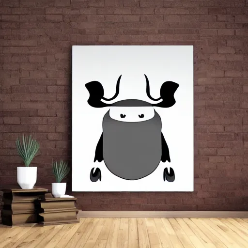 Image similar to a mechanical cow with big head and horns, minimalist style, metal, 3D art, in style of Baymax, smooth