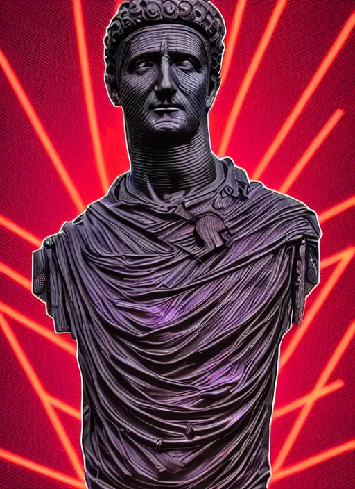 Image similar to black background with subtle red and purple design elements, statue of julius caesar, nekro, modern design, collage art, thin lines, dark, glitch art, neo vaporwave, gritty, layout frame, trending on artstation