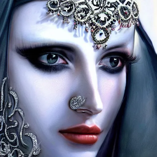 Image similar to a beautiful woman wearing a white niqab made of silver with jewelry and diamonds by karol bak, ayami kojima, arabian eyes, concept art, fantasy