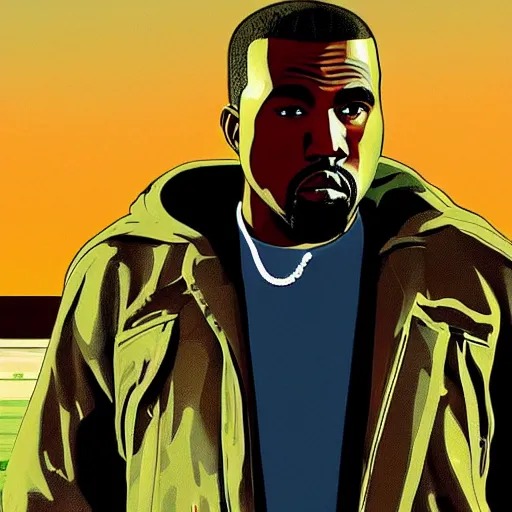Prompt: Kanye West in GTA V, cover art by Stephen Bliss, loading screen, boxart