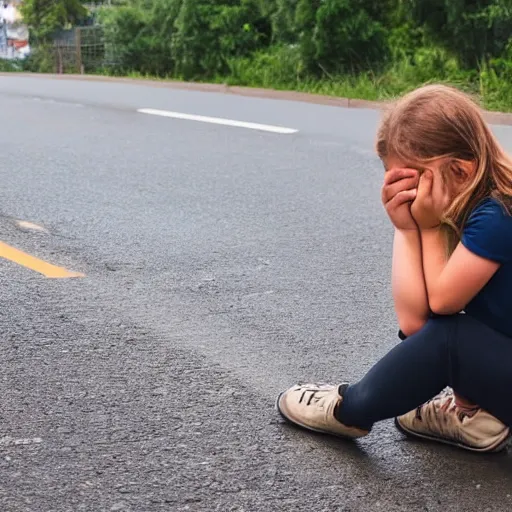 Prompt: a girl sat crying on a road