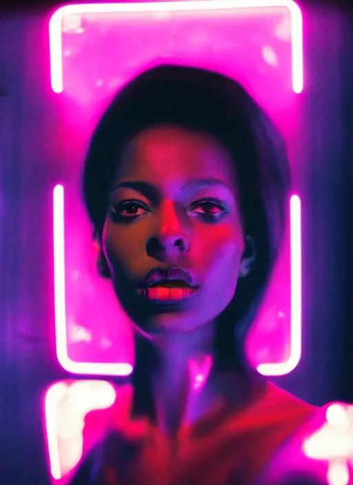 Prompt: A hyper realistic and detailed head portrait photography of a black hair, slim, black noir female on a futuristic street. by Annie Leibovitz. Neo noir style. Cinematic. neon lights glow in the background. Cinestill 800T film. Lens flare. Helios 44m