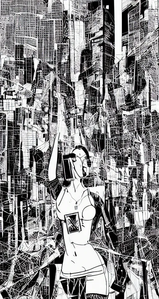 Image similar to cypherpunk fashion illustration, camera face, black and white and red, manga, city street background with high tall buildings, central park, abstract landscape, diane arbus, highly detailed, finely detailed, shadows realism