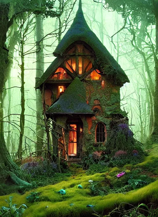 Image similar to hyper realistic witch cottage with mood lighting and technology in the woods gorgeous lighting, sunbeams blue sky, highly detailed, lush forest foliage painting by zdzisław beksinski and norman rockwell and greg rutkowski weta studio, and lucasfilm