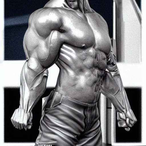 Image similar to a realistic detailed photo of a bodybuilder who is also a male android Chris Redfield, shiny skin, posing robotically, blank stare