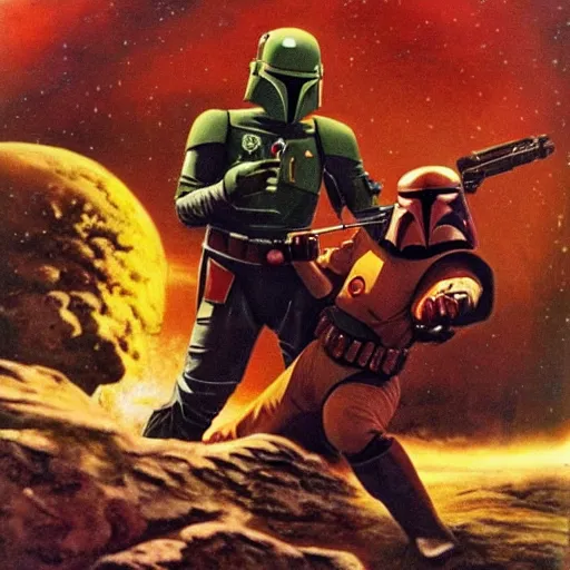 Image similar to captain kirk fighting boba fett on mars