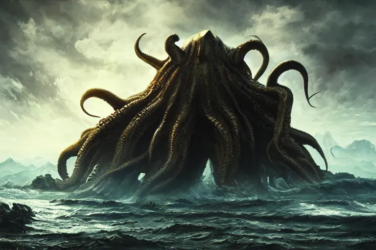 Image similar to giant Cthulhu, photorealistic, long shot, epic, horizon mountain over water by Andree Wallin