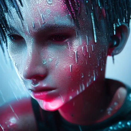 Prompt: a human made out of rain, neon, rendered in octane, unreal engine, highly detailed, realistic, beautiful, emotional