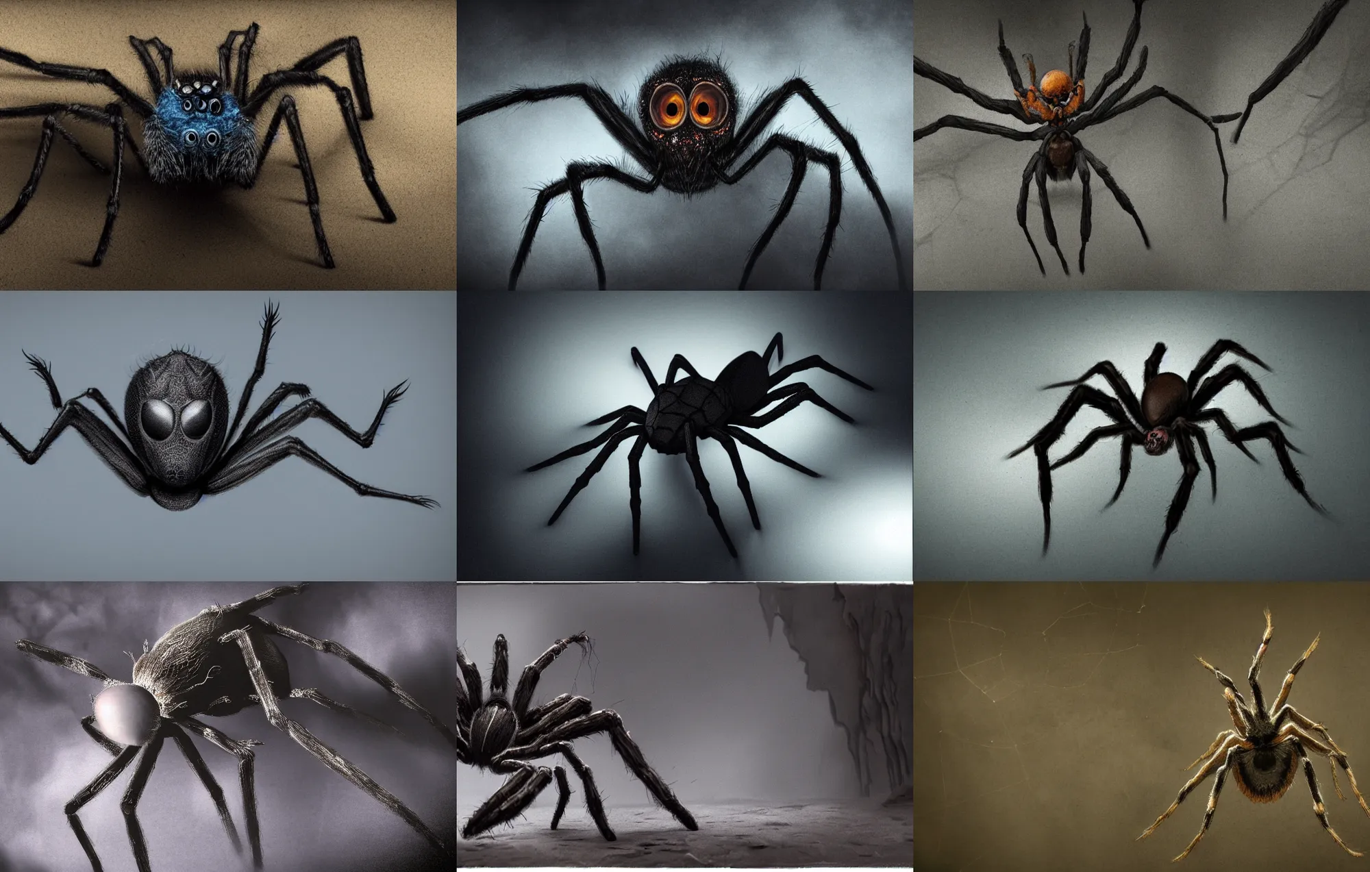 Prompt: creepy matte painting of a female spider with eight legs in a dark cave, ultra detailed, monster, half human half spider, human torso!!, spider thorax!!!, creature design, concept art, 8 k, moody lighting, muted colors, blue tone light, dramatic lighting, realistically proportioned body, realistically proportioned face, racnoss