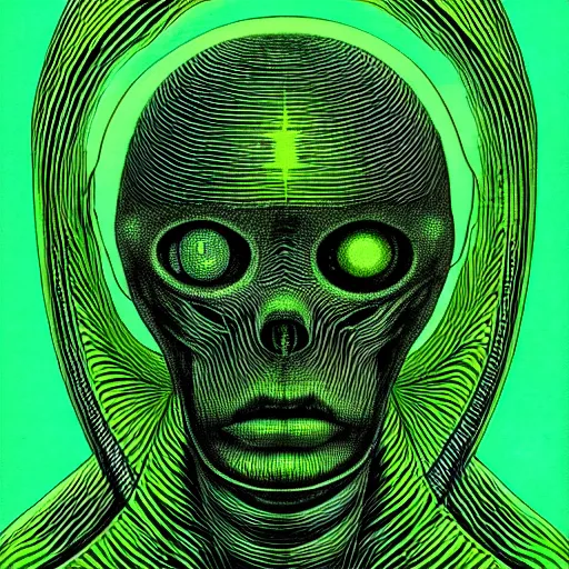 Image similar to portrait top light, by killian eng and joe fenton and h r giger, inspired by alien movie 1 9 7 9, green duotone print, etching, fine, sharp high detail,