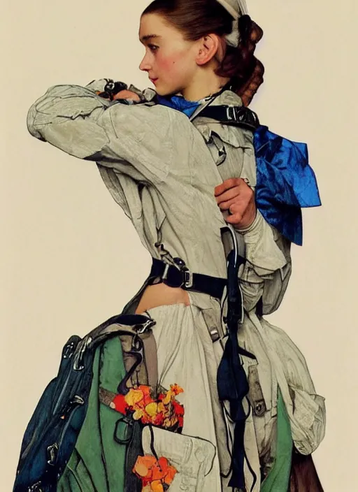 Prompt: a realistic fashion portrait by norman rockwell and alphonse mucha of a russian girl detailed features wearing a cargo wedding dress - sporty, sleek, tech utility - chic trend. lots of zippers, pockets, synthetic materials, jumpsuits chic'techno fashion trend by issey miyake and balenciaga