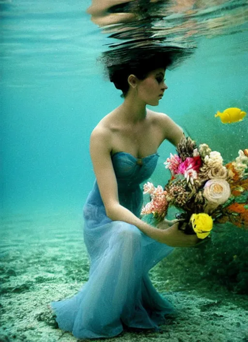 Image similar to long and wide feminine dress underwater together with some flowers, by ernst haas