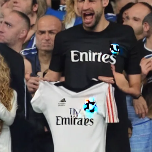 Image similar to shakira with the real madrid shirt laughing at gerard pique crying