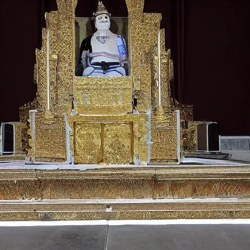 Image similar to a beautiful tomb in which the king's body has been perfectly preserved dressed in all his regal finery. there is no decay or blemish. his body is frozen in time and his body can clearly be seen sitting on his throne as perfect as in life