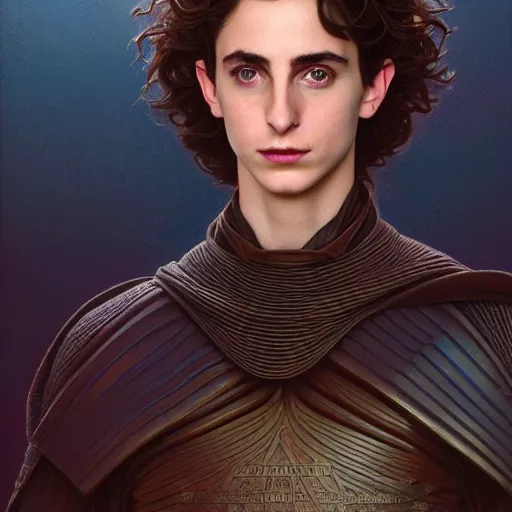 Image similar to a portrait of paul atreides from dune cinematic lighting, photorealistic, octane render, 8 k, depth of field, 3 d, art by artgerm and greg rutkowski and alphonse mucha and uang guangjian and gil elvgren and sachin ten, paul looks like timothee chalamet but older