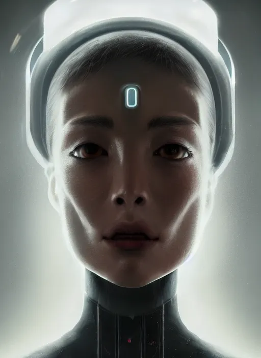 Image similar to beautiful portrait of an alien cyborg, style of Feng Zhu, Artstation, geometric, aesthetic, big eyes, smooth skin, unique features, symmetrical, volumetric lighting, streetwear, cyberpunk, detailed, octane render, cinematic, 8k,opalescent skin, retro sci fi film,