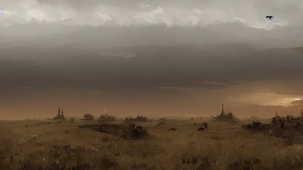 Prompt: panorama view of plains, papyrus, watercolored, jakub rozalski, dark colours, dieselpunk, artstation