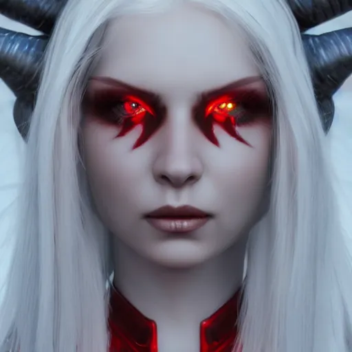 Image similar to a highly detailed portrait of a humanoid demon girl with white hair, red horns, in white clothes, artstation, deviantart, professional, unreal engine 5, photorealistic