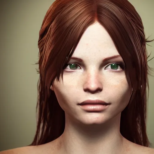 Image similar to a beautiful avatar with auburn - brown hair from the second life video game : : octane render, unreal engine