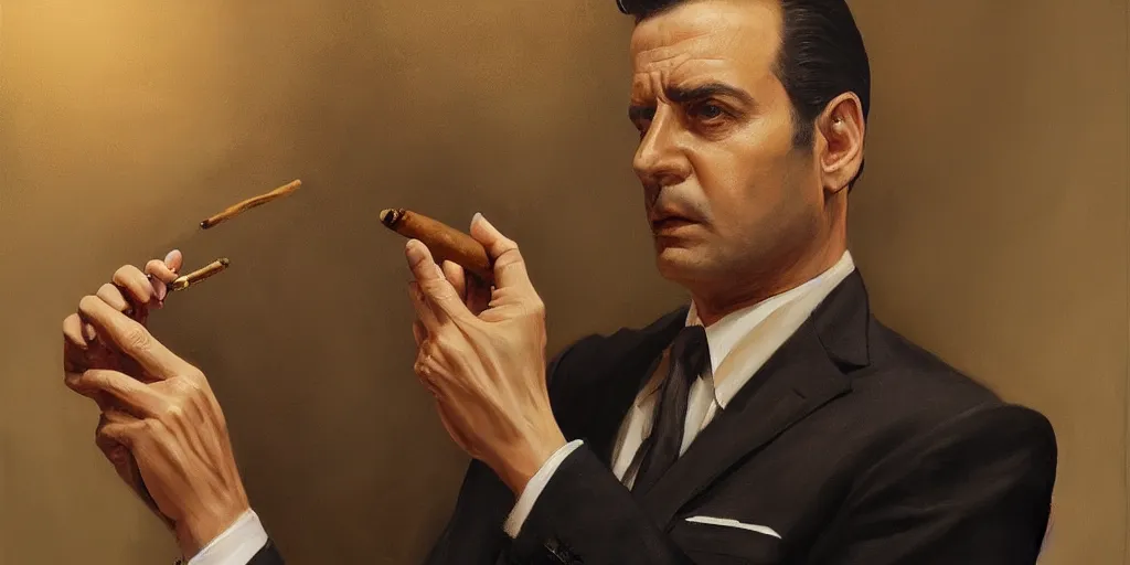 Image similar to beautiful oil matte portrait painting, mafia boss holding a cigar at his 5 0 s new york office desk, wonderful masterpiece highly detailed, beautiful cinematic light deep focus, elegant, digital painting, smooth, sharp focus, golden ratio, dramatic illumination, ultra realistic, 8 k, art by jimmy law