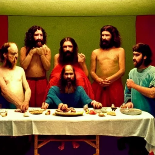 Image similar to a still from a film about modern day people re-enacting the last supper with psychedelics instead of food. Directed by Stanley Kubrick and Wes Anderson, Art directed by Edward Hopper.