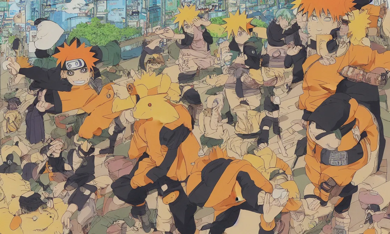 Image similar to a color manga illustration of naruto riding a enormous brown frog that is smoking a pipe in the middle of a busy tokyo intersection. naruto has yellow hair and orange clothes. the view is from ground level and wide angle. the mood is tense and exciting. brilliantly illustrated by masashi kishimoto in a very very well regarded style.