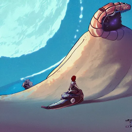 Image similar to Frank Herbert as Paul Atreides riding a giant sandworm, eyes blue with spice, ambient lighting, 4k, anime key visual, lois van baarle, ilya kuvshinov, rossdraws, artstation