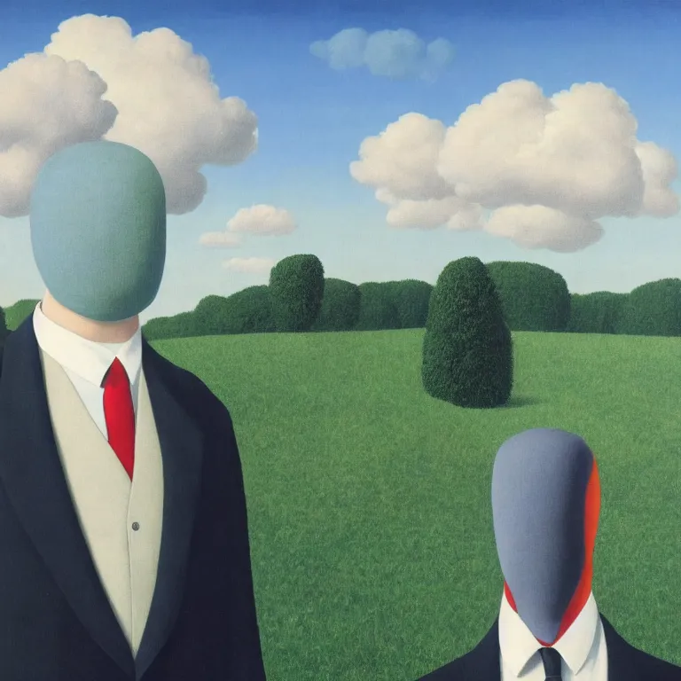 Image similar to portrait of a faceless masked - head man in a suit, clouds and nature landscape in the background, by rene magritte, detailed painting, distance, centered, hd, hq, high resolution, high detail, 4 k, 8 k