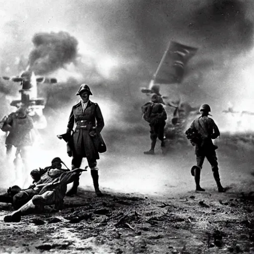 Image similar to wwii photograph, superheroes at war, dramatic lights