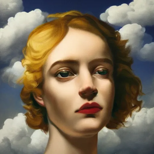 Image similar to close up of the face of beautiful woman, clouds in background, dramatic lighting, painting by neo rauch, highly detailed