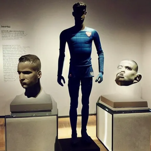 Image similar to “ a realistic detailed photo of a guy who is an attractive humanoid who is half robot and half humanoid, who is a male android, soccer player antoine griezmann, shiny skin, posing like a statue, blank stare, at the museum, on display ”